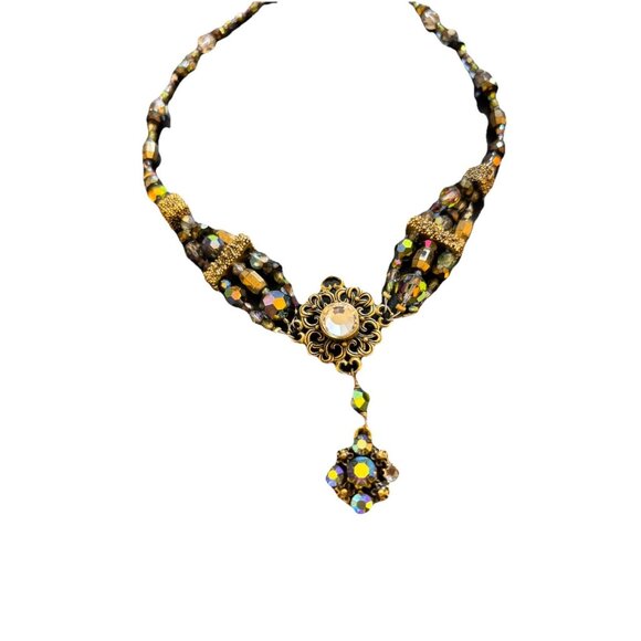 Victorian Style Choker Necklace Gold Tone Black Iridescent Crystal Statement - Picture 5 of 9